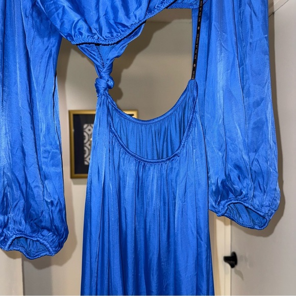 Farm Rio Blue Satin Long Sleeve Cut Out Knot Royal Blue Midi Dress Sz Small NWT - Picture 11 of 16